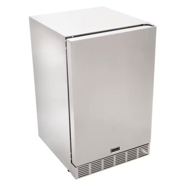 Stainless steel outdoor refrigerator with a sleek design, ideal for patios and outdoor kitchens.