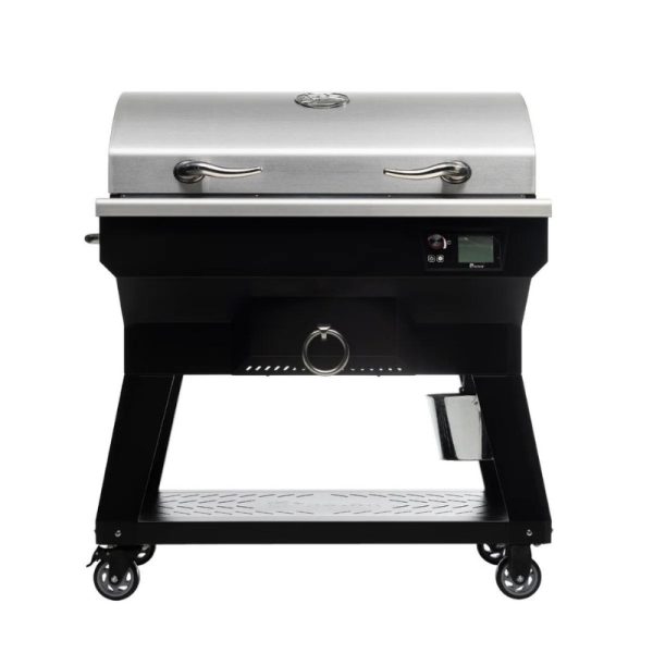 Stainless steel outdoor grill on wheels with digital control panel and storage shelf, ideal for BBQ cooking.