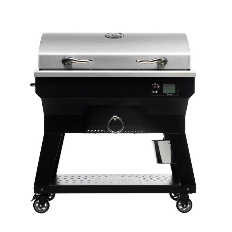 Stainless steel outdoor grill on wheels with digital control panel and storage shelf, ideal for BBQ cooking.