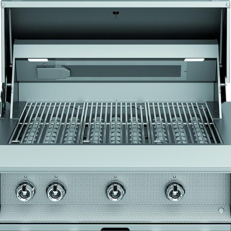 Stainless steel gas grill with a spacious cooking area and multiple control knobs for temperature adjustment.