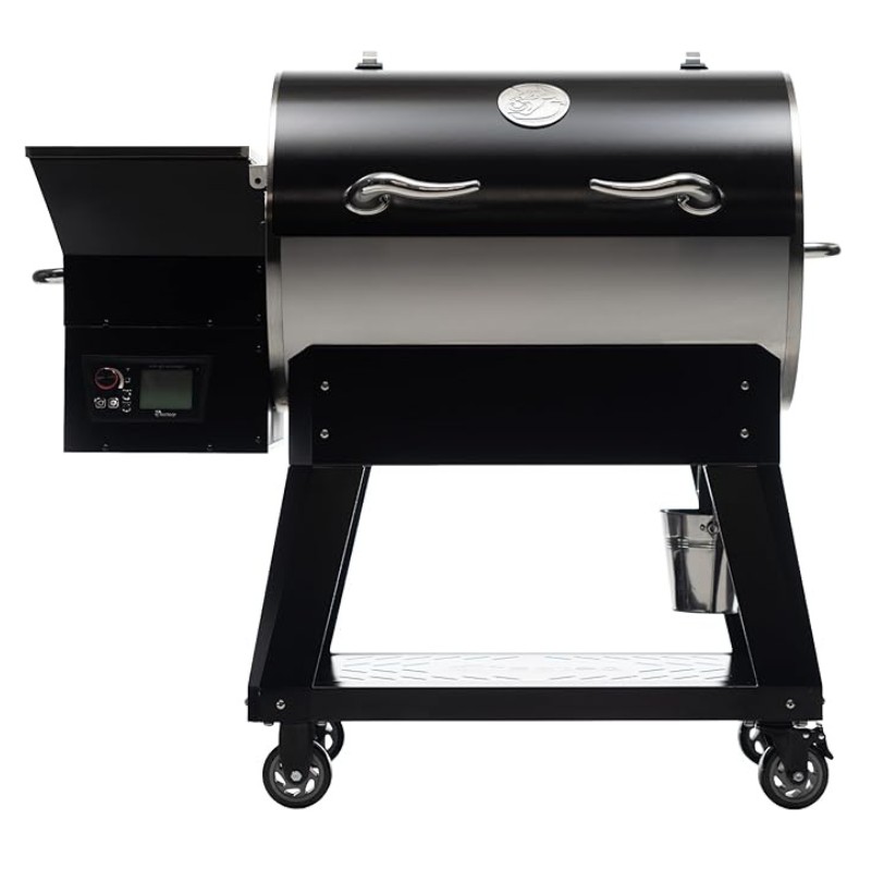 Black and stainless steel pellet grill with digital controls, side shelf, and storage cart, ideal for outdoor cooking and grilling.