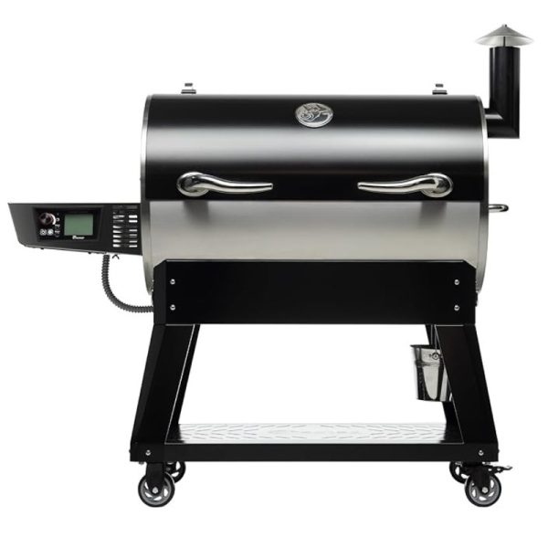 Black and silver pellet grill on wheels with digital control panel and side shelf. Ideal for outdoor cooking and barbecuing.