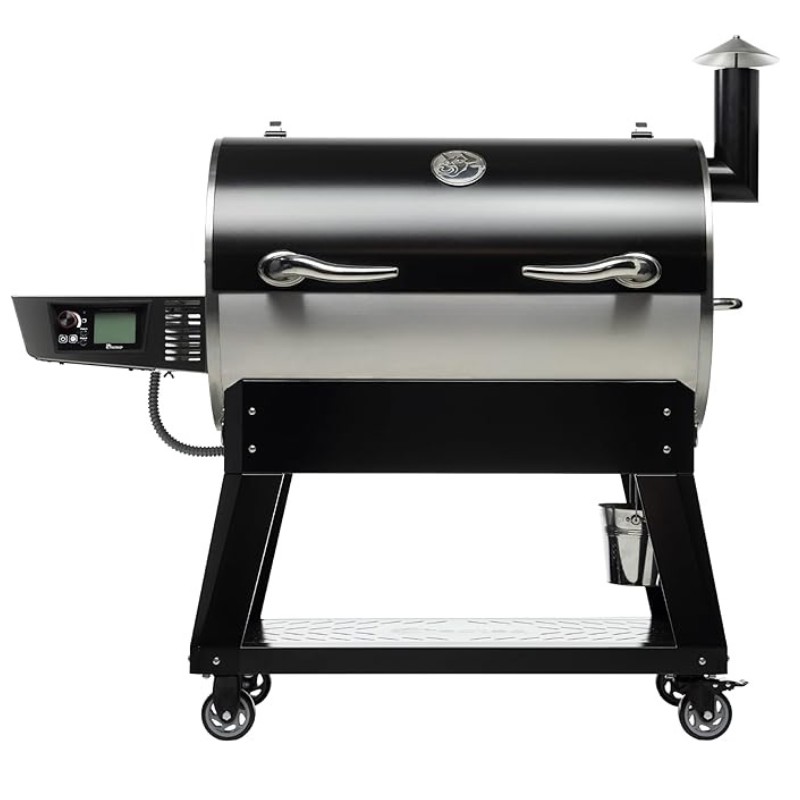 Black and silver pellet grill on wheels with digital control panel and side shelf. Ideal for outdoor cooking and barbecuing.