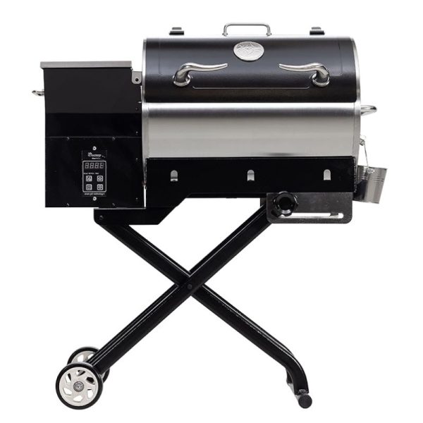 Pellet grill with digital control panel, stainless steel design, and sturdy cart for outdoor cooking. Ideal for grilling, smoking, and barbecuing.