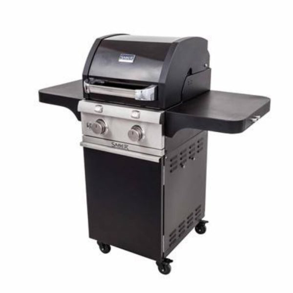 Saber gas grill with two burners and side shelves, designed for outdoor cooking and barbecuing.