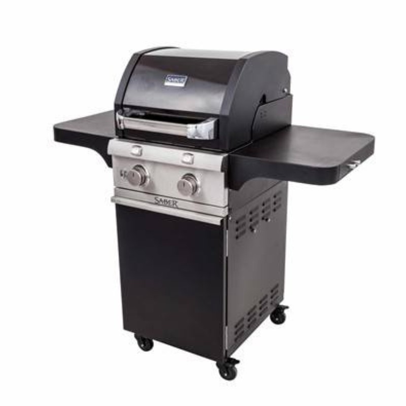 Saber gas grill with two burners and side shelves, designed for outdoor cooking and barbecuing.