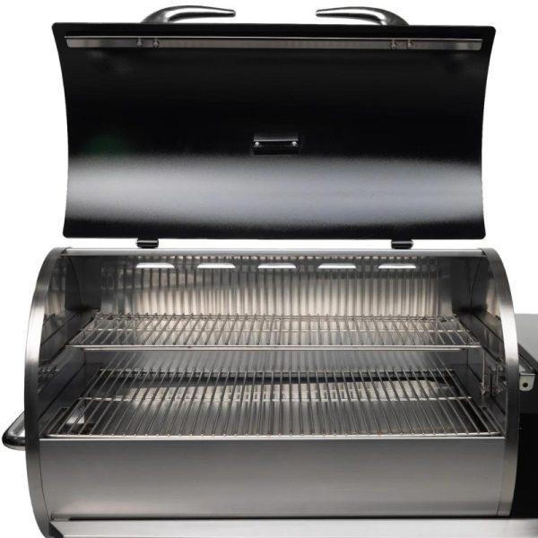 Open pellet grill showcasing spacious grilling racks and a sleek stainless steel design, ideal for outdoor cooking and barbecuing.