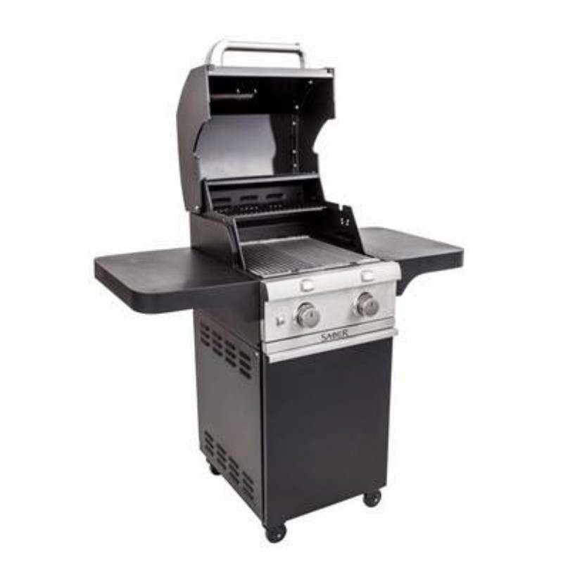 Saber gas grill with two burners and side shelves, featuring an open lid and stainless steel details for outdoor cooking.