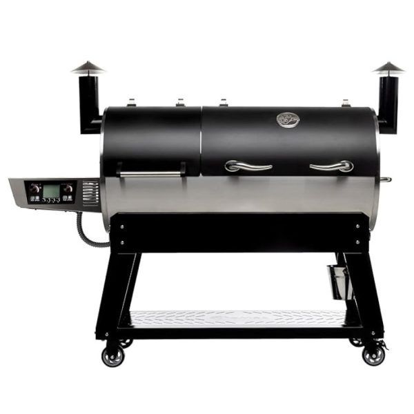 Large black and stainless steel pellet grill with a digital control panel, adjustable vents, and a sturdy wheeled base for outdoor cooking.