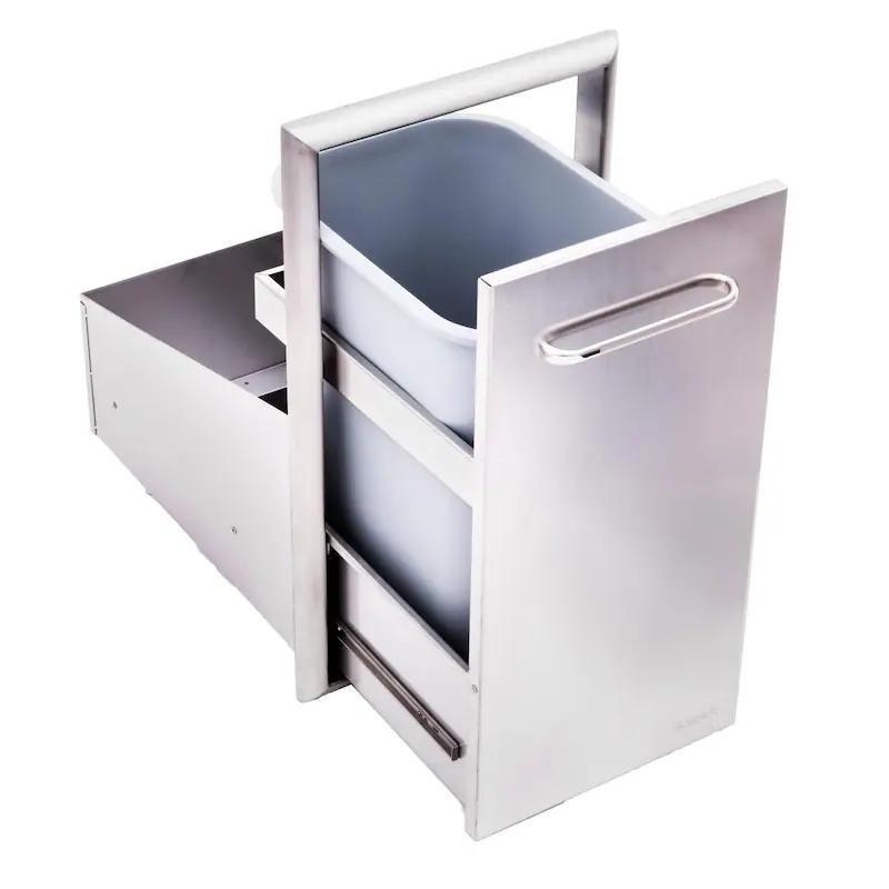 Stainless steel pull-out trash bin with a gray container, designed for easy access and efficient waste management in kitchens.