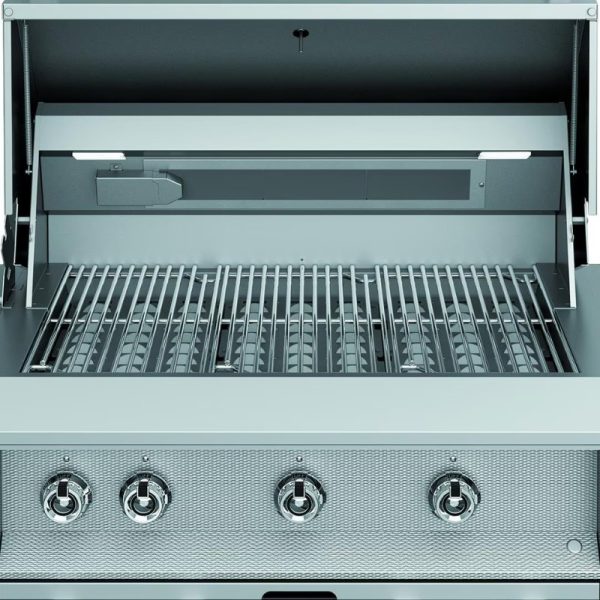Stainless steel gas grill with an open lid, featuring multiple burners and grates for outdoor cooking.