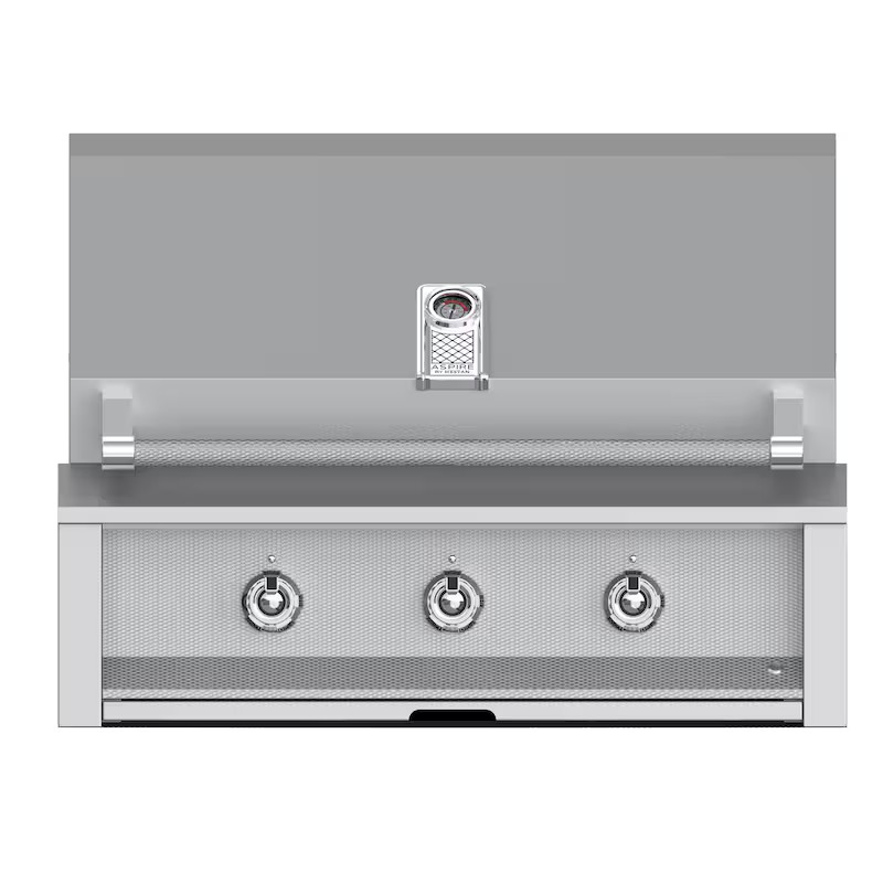 Stainless steel outdoor grill with three knobs and built-in thermometer, ideal for barbecuing.