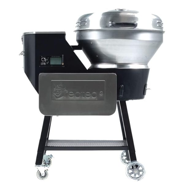 High-quality outdoor charcoal grill with a stainless steel cooking chamber and digital control panel, designed for efficient grilling and smoking.