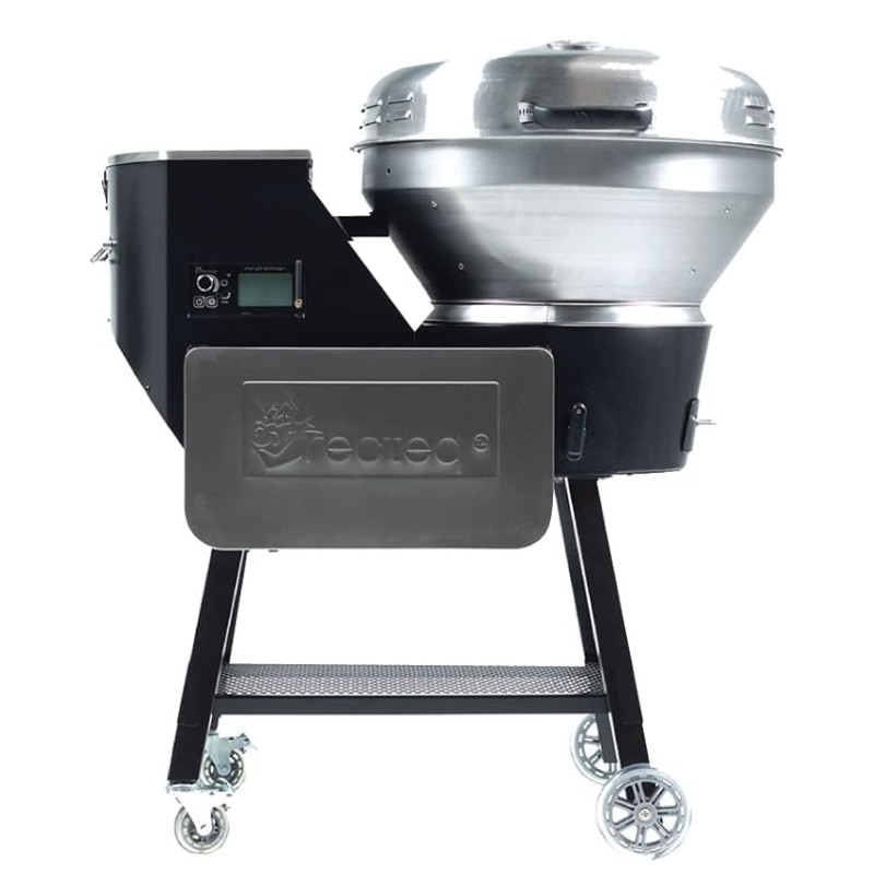 High-quality outdoor charcoal grill with a stainless steel cooking chamber and digital control panel, designed for efficient grilling and smoking.