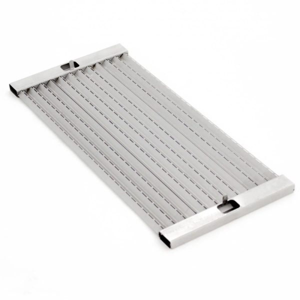 Stainless steel food slicer with multiple grooves for even slicing, ideal for kitchen use.