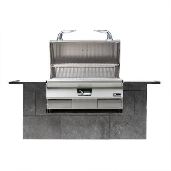 Stainless steel outdoor grill with an open lid, set on a sleek stone base, ideal for backyard barbecues and outdoor cooking.