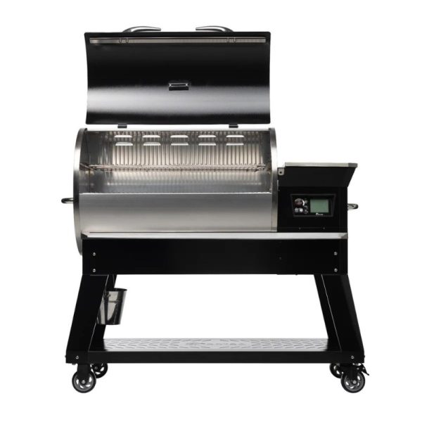 Stainless steel pellet grill with an open lid, featuring a digital control panel and side shelf for easy cooking and storage.