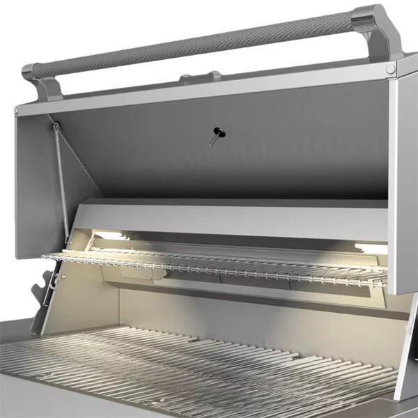 Stainless steel grill with an open lid, featuring a warming rack and built-in lights for nighttime cooking.