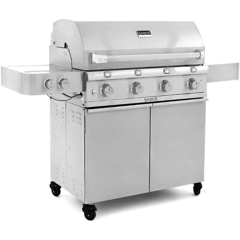 Stainless steel Saber gas grill with four burners and side shelves, ideal for outdoor cooking and barbecues.