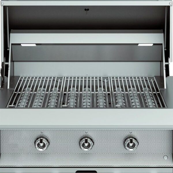 Stainless steel gas grill with open lid, featuring multiple cooking grates and control knobs for temperature adjustment.