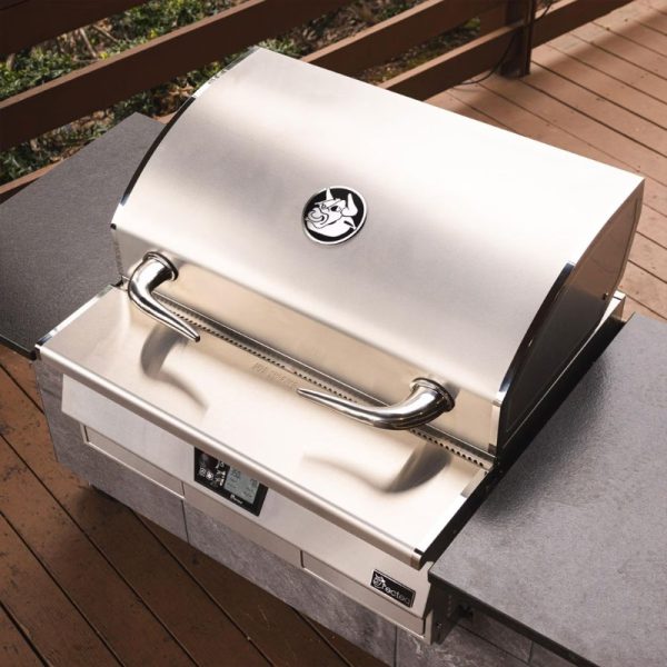 Stainless steel gas grill with a sleek design and digital control panel, set on a wooden deck.