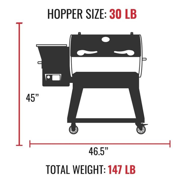 Pellet grill dimensions with a 30 lb hopper size, 45 inches tall, and 46.5 inches wide, weighing 147 lbs. Ideal for outdoor cooking enthusiasts.