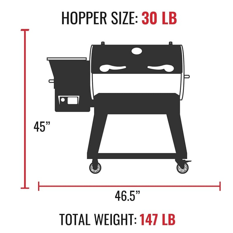 Pellet grill dimensions with a 30 lb hopper size, 45 inches tall, and 46.5 inches wide, weighing 147 lbs. Ideal for outdoor cooking enthusiasts.