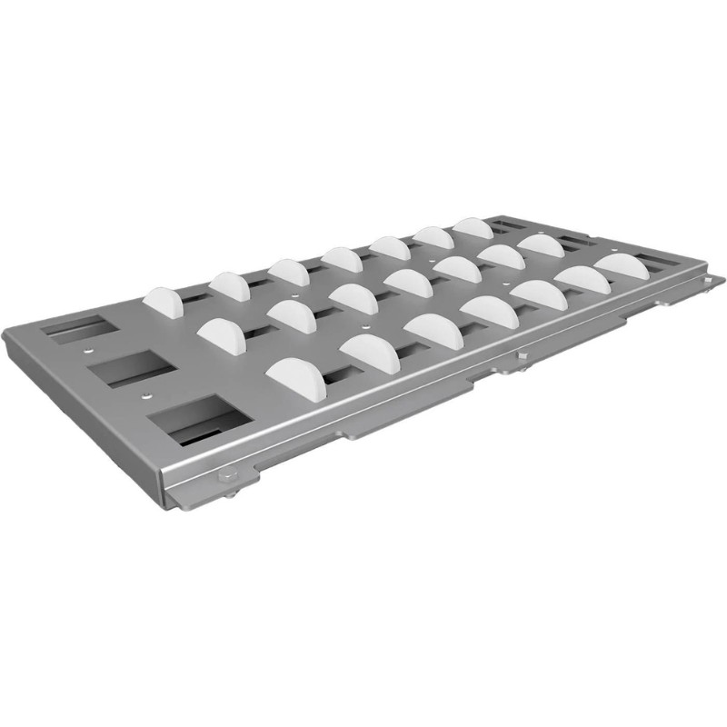 Metal baking tray with raised edges and multiple round indentations, designed for even heat distribution and easy food release. Ideal for baking pastries or desserts.