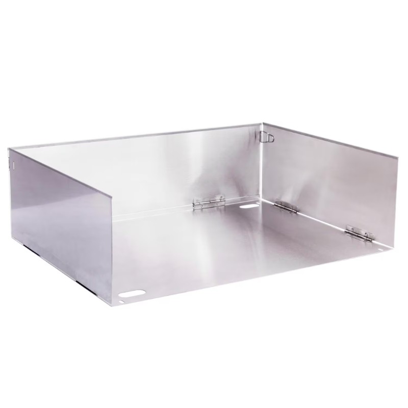 Stainless steel cooking tray with high sides, ideal for grilling and food preparation. Durable and easy to clean, perfect for outdoor cooking.