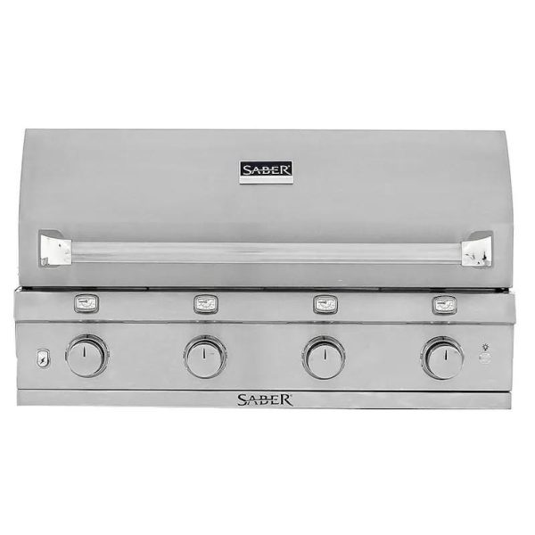 Saber stainless steel gas grill with four control knobs and a sleek design, ideal for outdoor cooking and barbecues.