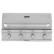 Saber stainless steel gas grill with four control knobs and a sleek design, ideal for outdoor cooking and barbecues.