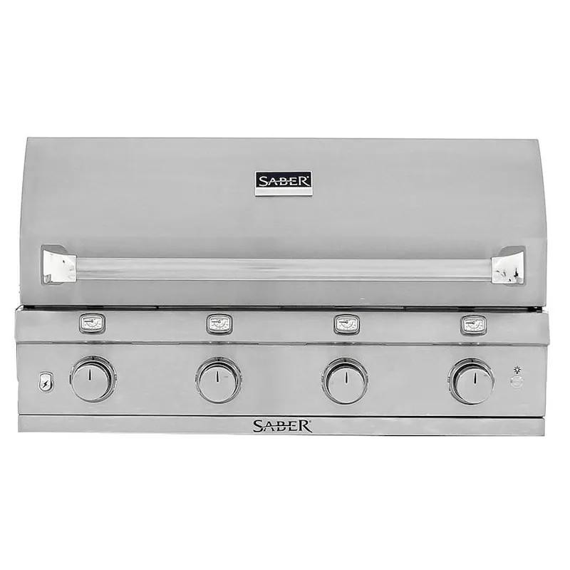 bb59bb3b-7ff6-4712-a5ff-c91ffa166035.jpg Saber stainless steel gas grill with four control knobs and a sleek design, ideal for outdoor cooking and barbecues.