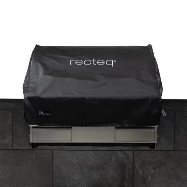 Recteq grill cover in black, designed to protect outdoor grills from weather elements, featuring the Recteq logo.