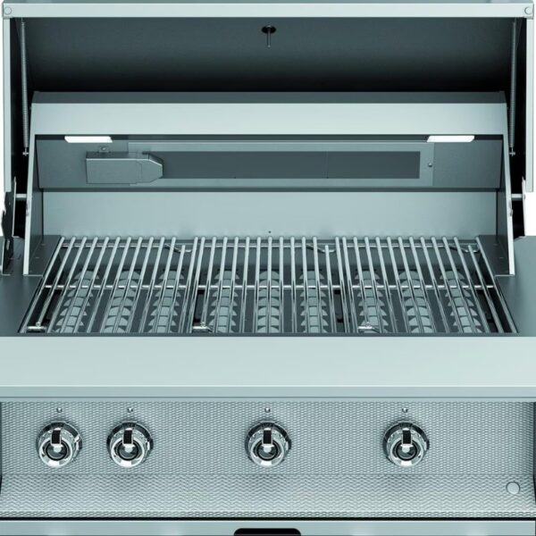 Stainless steel gas grill with an open lid, featuring multiple burners and a spacious cooking surface. Ideal for outdoor cooking and barbecues.