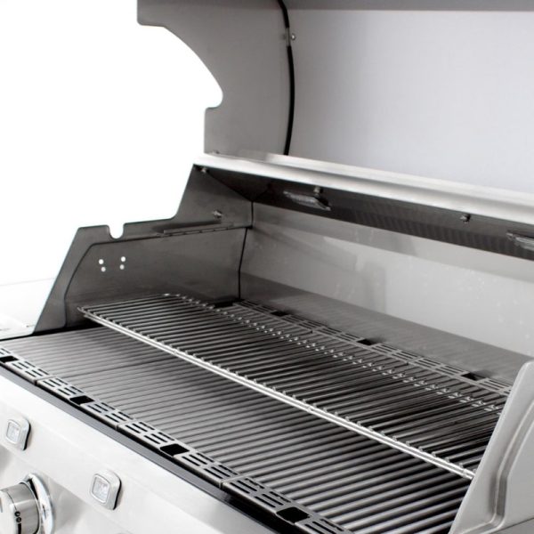 Stainless steel gas grill with an open lid, featuring a spacious cooking grate and modern design, ideal for outdoor grilling.