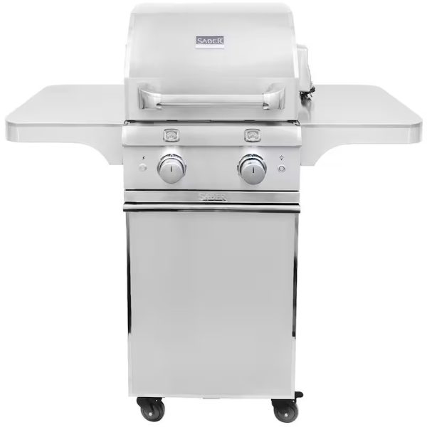 Saber stainless steel gas grill with side shelves and dual control knobs, designed for outdoor cooking.