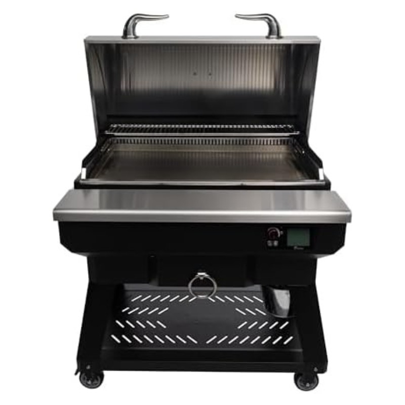 Stainless steel outdoor grill with an open lid, featuring a spacious cooking surface, control panel, and wheels for easy mobility. Ideal for backyard barbecues and outdoor cooking.