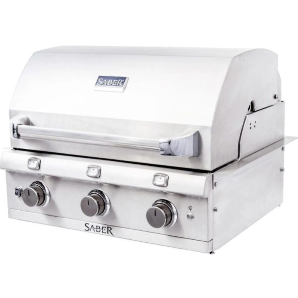 Saber stainless steel gas grill with three burners and a sleek design, ideal for outdoor cooking and grilling enthusiasts.