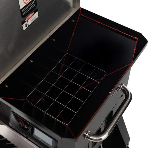 Interior view of a black electric grill with a wire rack, showcasing its spacious cooking area and stainless steel handle.