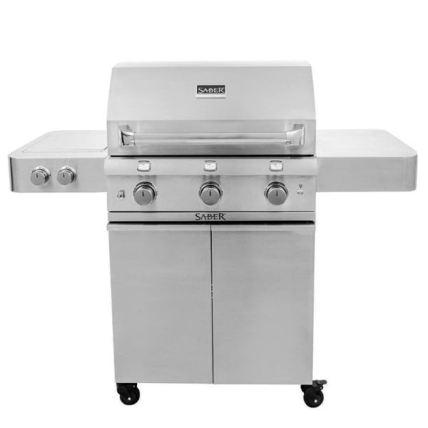 Stainless steel Saber gas grill with three burners and side shelves, ideal for outdoor cooking and barbecues.