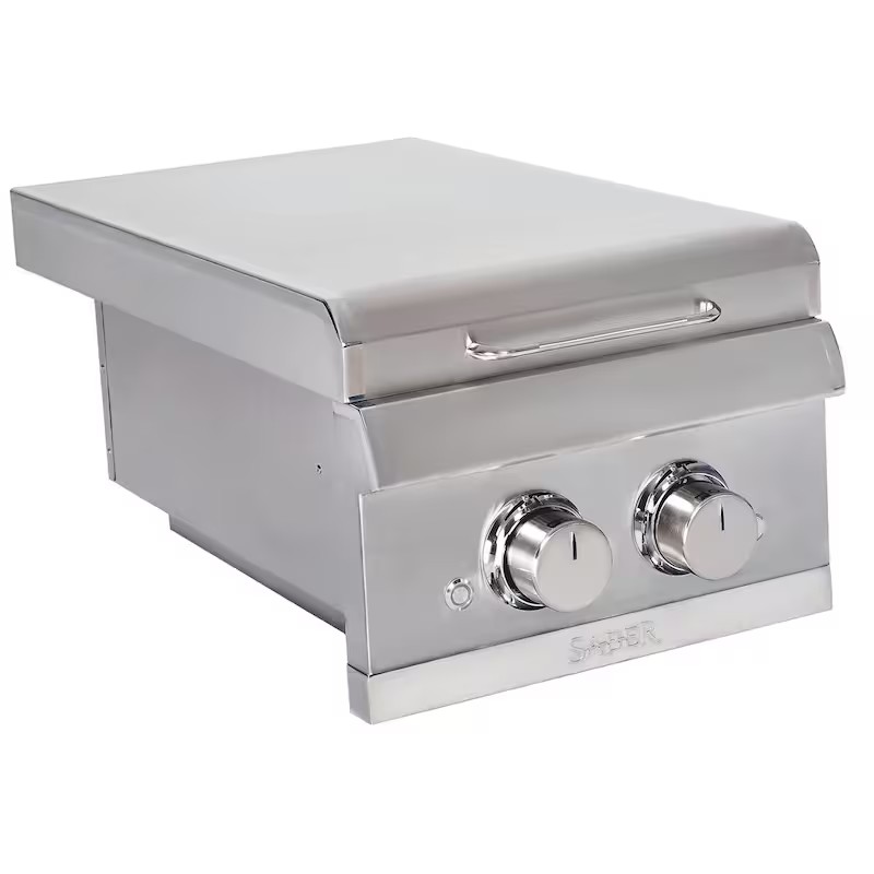 Stainless steel outdoor griddle with two adjustable knobs for temperature control, ideal for grilling and cooking.