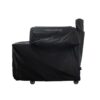 Recteq grill cover in black, designed to protect outdoor grills from weather elements. Durable and fitted for various grill models, featuring wheels for easy movement.