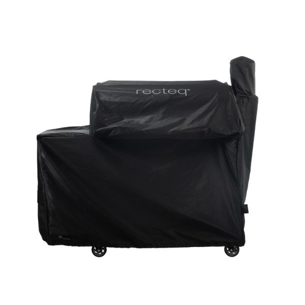 Recteq grill cover in black, designed to protect outdoor grills from weather elements. Durable and fitted for various grill models, featuring wheels for easy movement.