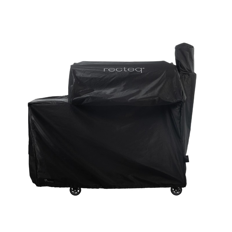 fd4436be-fc3f-4478-a943-393fedef2b51.jpg Recteq grill cover in black, designed to protect outdoor grills from weather elements. Durable and fitted for various grill models, featuring wheels for easy movement.