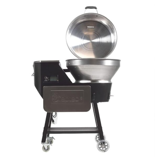Stainless steel outdoor grill with a large cooking bowl, adjustable temperature controls, and wheels for easy mobility. Ideal for barbecuing and smoking food.