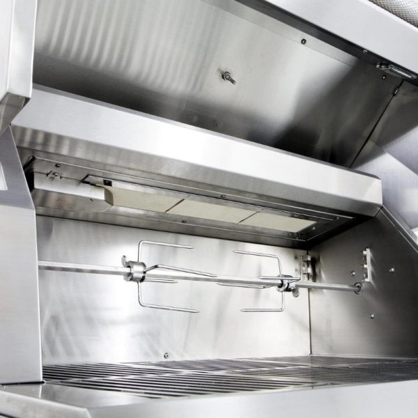 Stainless steel rotisserie grill interior featuring a spit rod and grilling surface, designed for outdoor cooking.