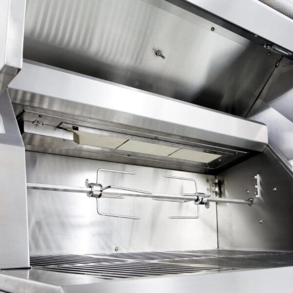 Stainless steel rotisserie grill interior with spit rod and heating elements, designed for even cooking and grilling.
