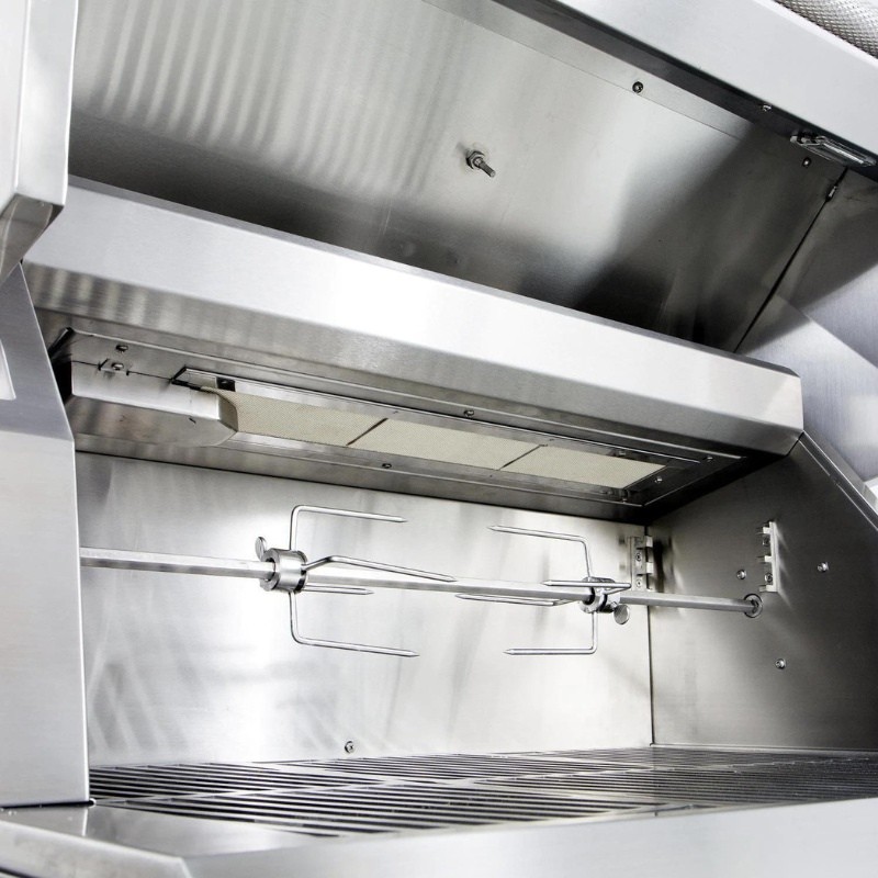 Stainless steel rotisserie grill interior with spit rod and heating elements, designed for even cooking and grilling.