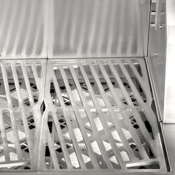 Stainless steel grill grates with a diagonal slat design, showcasing durability and heat distribution for optimal grilling performance.