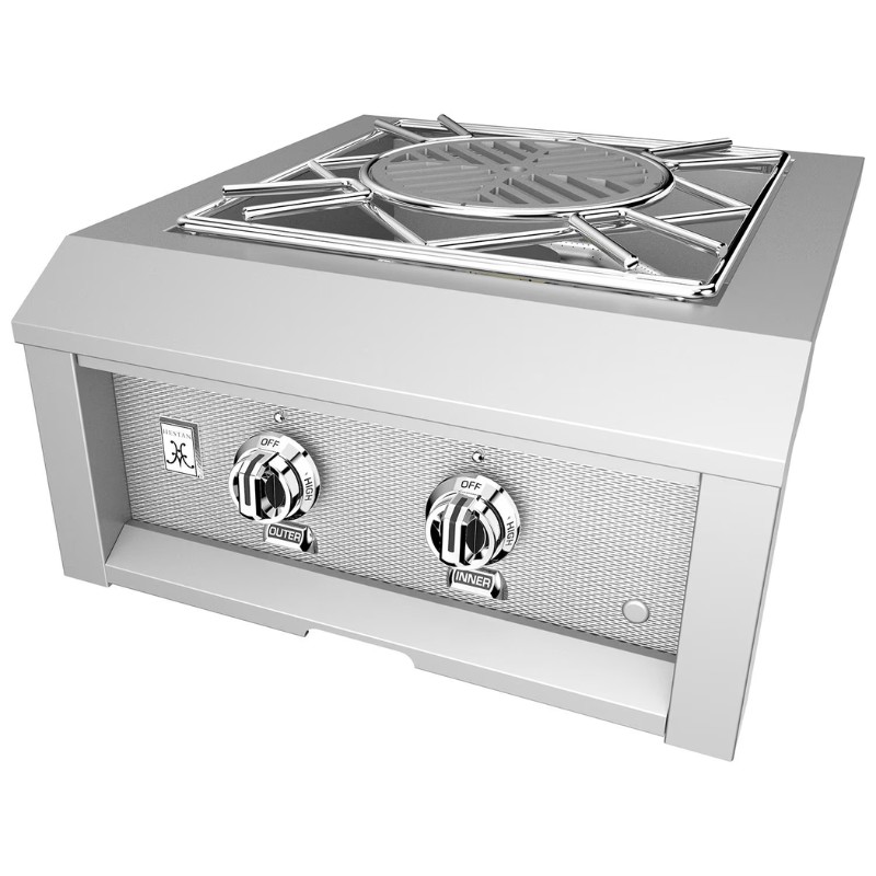 Stainless steel outdoor gas burner with dual control knobs for outer and inner flames, designed for high-performance cooking.